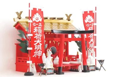 黄金屋根の稲荷宮 三社 大鳥居&かがり火 神具セット