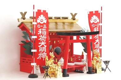 黄金屋根の稲荷宮 三社 二対のお狐様 大鳥居&かがり火 神具セット